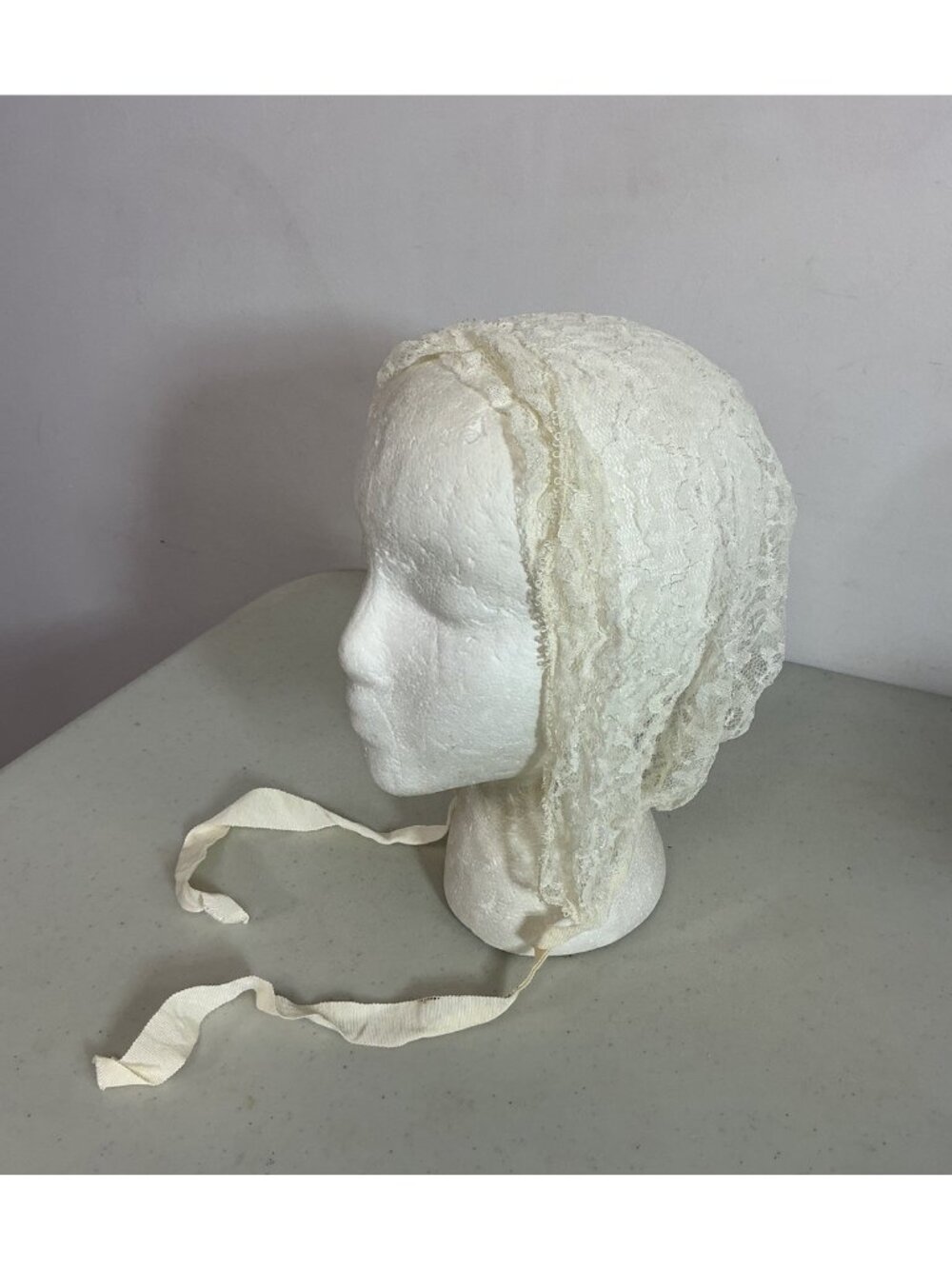 Vintage White Lace Bonnet Hat Veil Chin Ties Victorian Costume